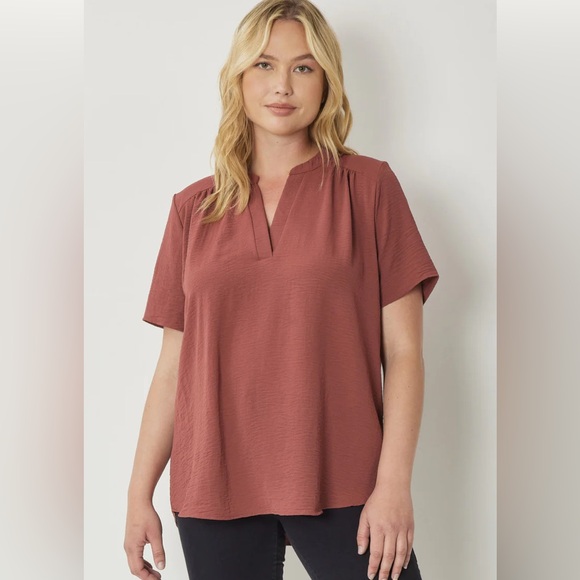 Entro Rose Pink Short Sleeve Blouse | Textured V-Neck Top | Size Small - Picture 1 of 6